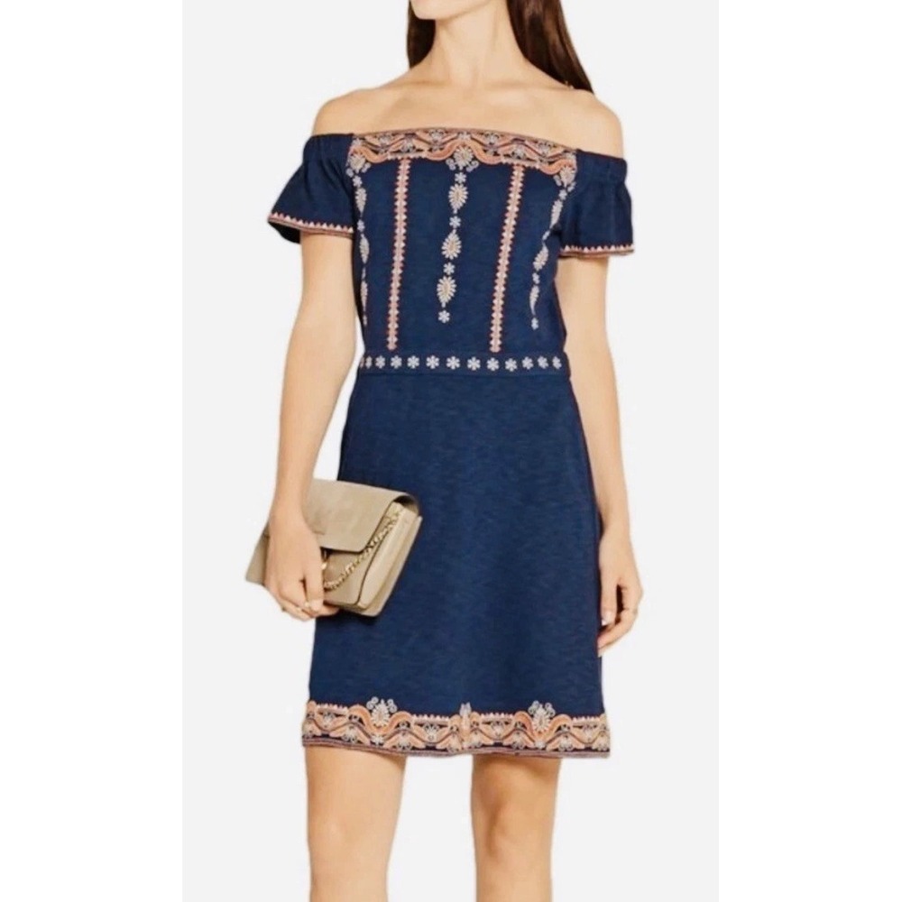 Tory Burch Nell Embroidered Navy Blue Off the Shoulder Dress L Boho Festival‎